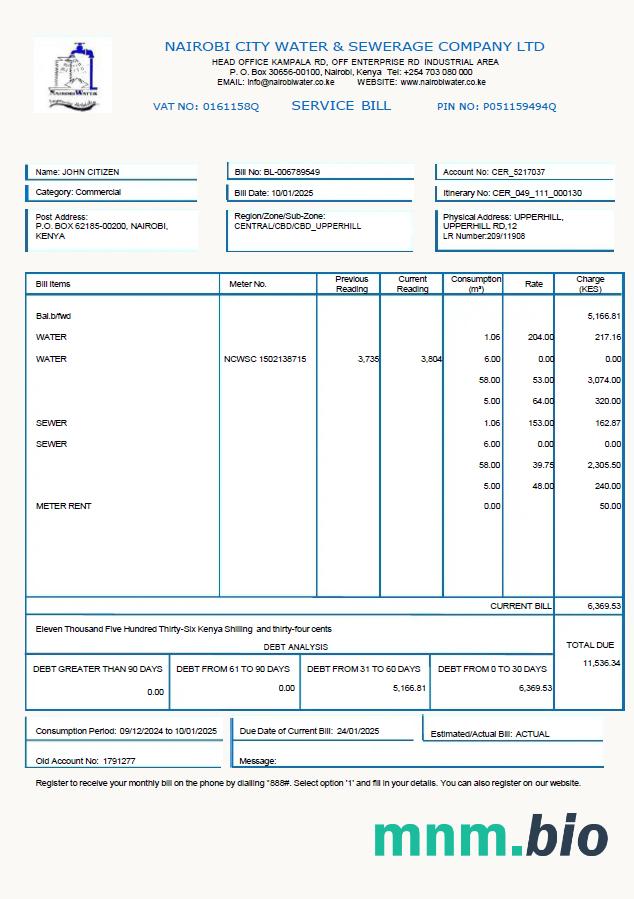 Kenya Nairobi City Water and Sewerage Firma rachunek za media szablon w formacie Word i PDF
